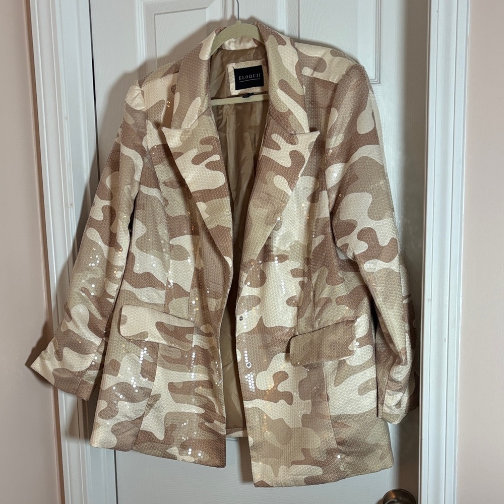 Eloquii Tan Camo Sequin Embellished Women’s Blazer- Plus Size 18